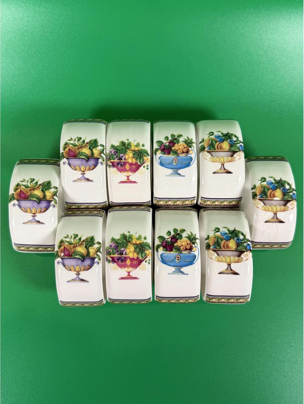 Set of 10 Vintage Casa Elite Porcelain Napkin Rings Fruit Neoclassical Tableware